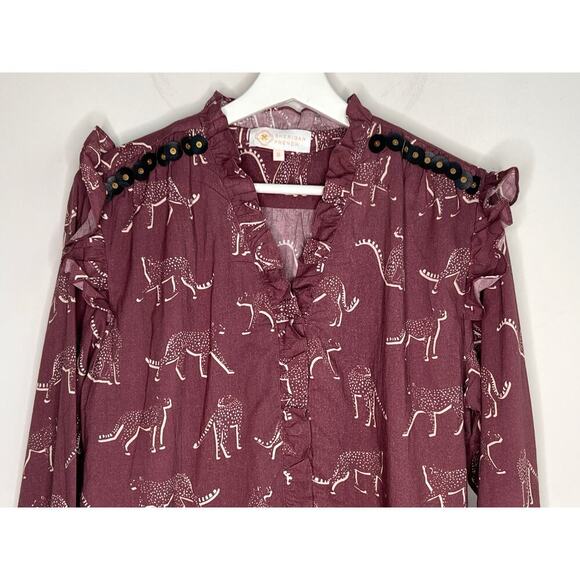 Sheridan French Embellished Aubergine Cheetah Ruffle Long Sleeve Blouse Medium - Picture 4 of 12